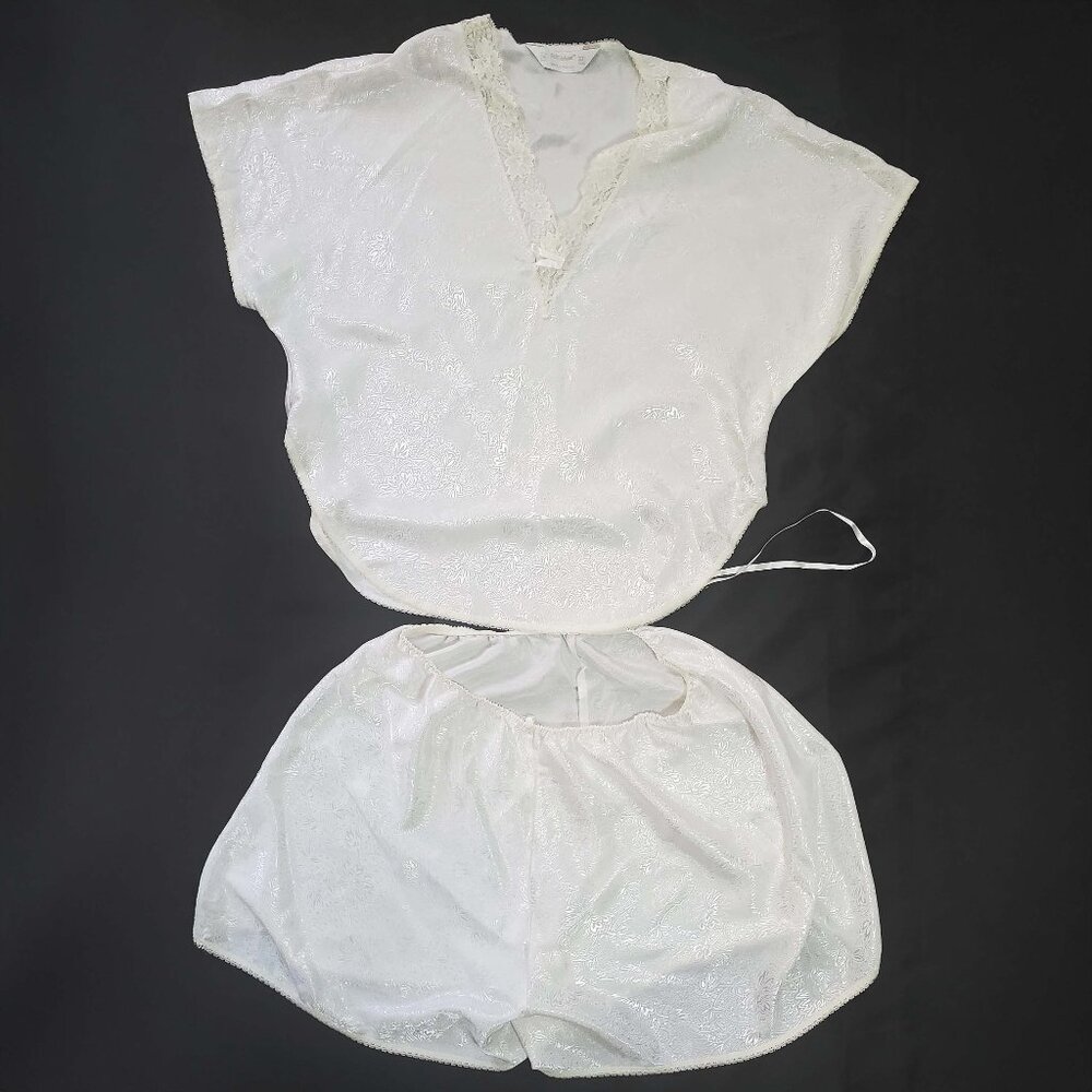 White Faux Silk 2 Piece Pajama Shorts Set